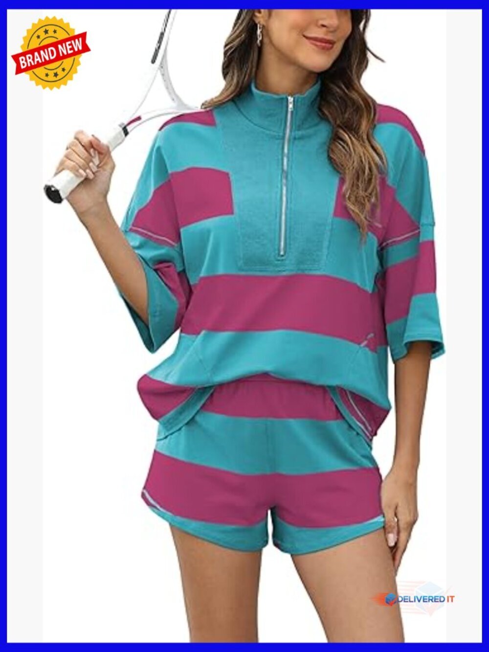 Women's Striped 2 Piece Lounge Set Oversized Workout Top and Shorts with Pockets